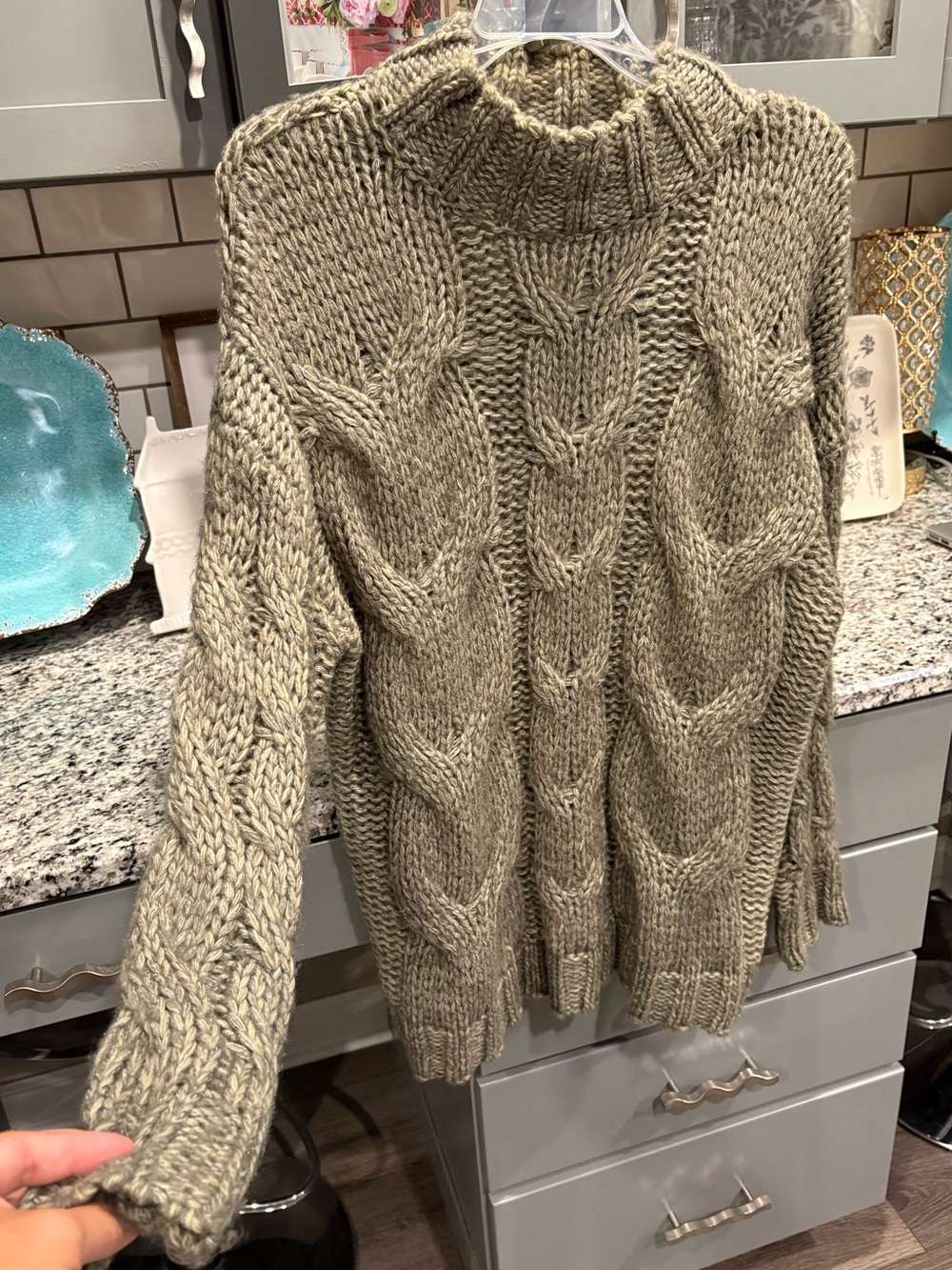 Like New Chunky Cable Knit Turtleneck Sweater in Olive